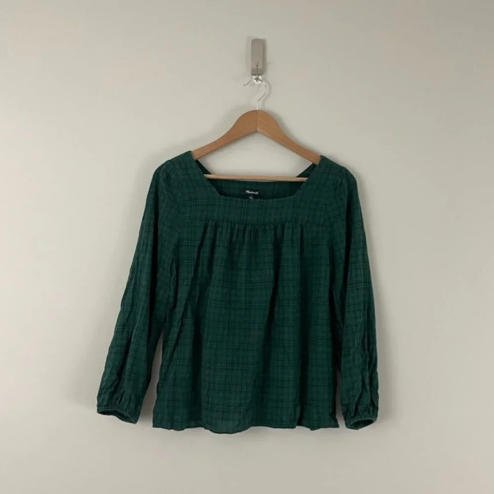 Madewell Plaid Square Neck Peasant Top in Smoky Spruce Size Small